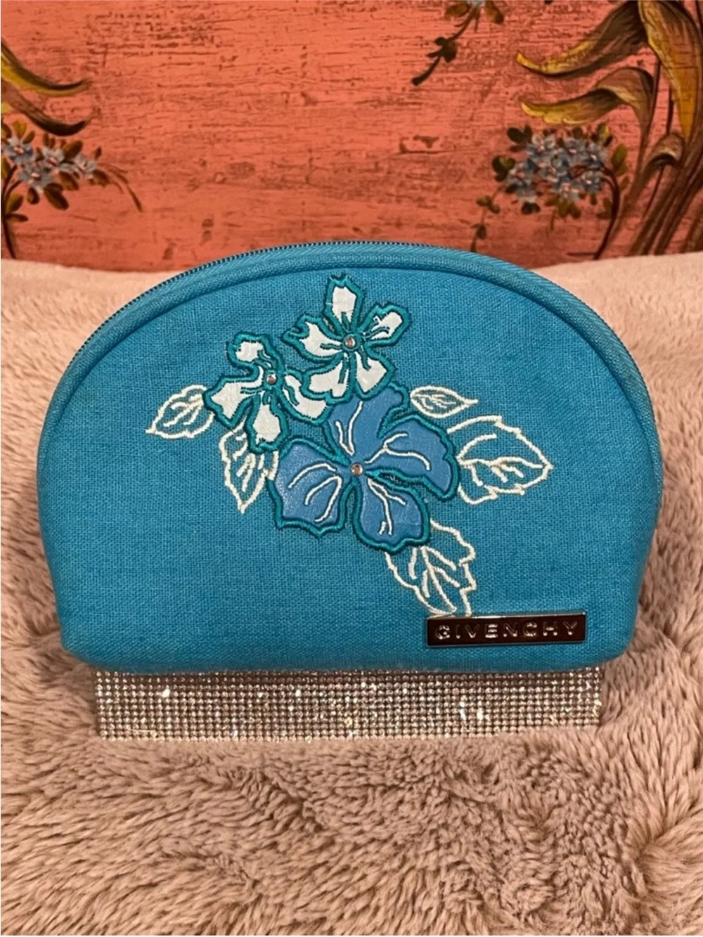 Givenchy Turquoise Floral Embroidered Cosmetic Pouch